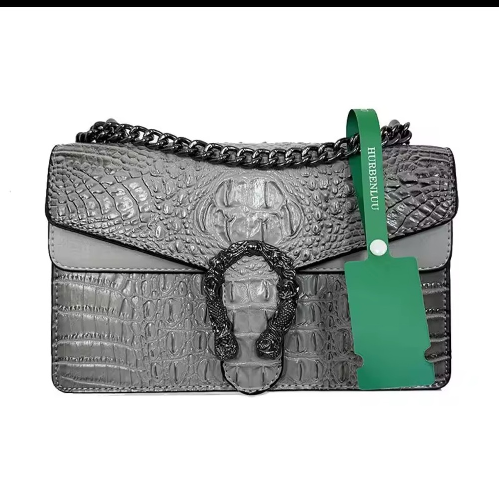Gray Croc-Embossed Chain Bag - Picture 7 of 10